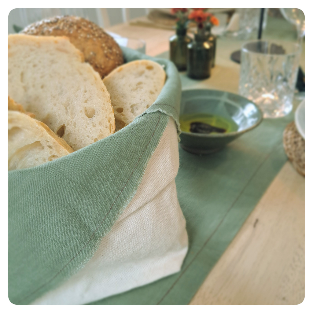 Cotton Bread Basket with a sage green liner