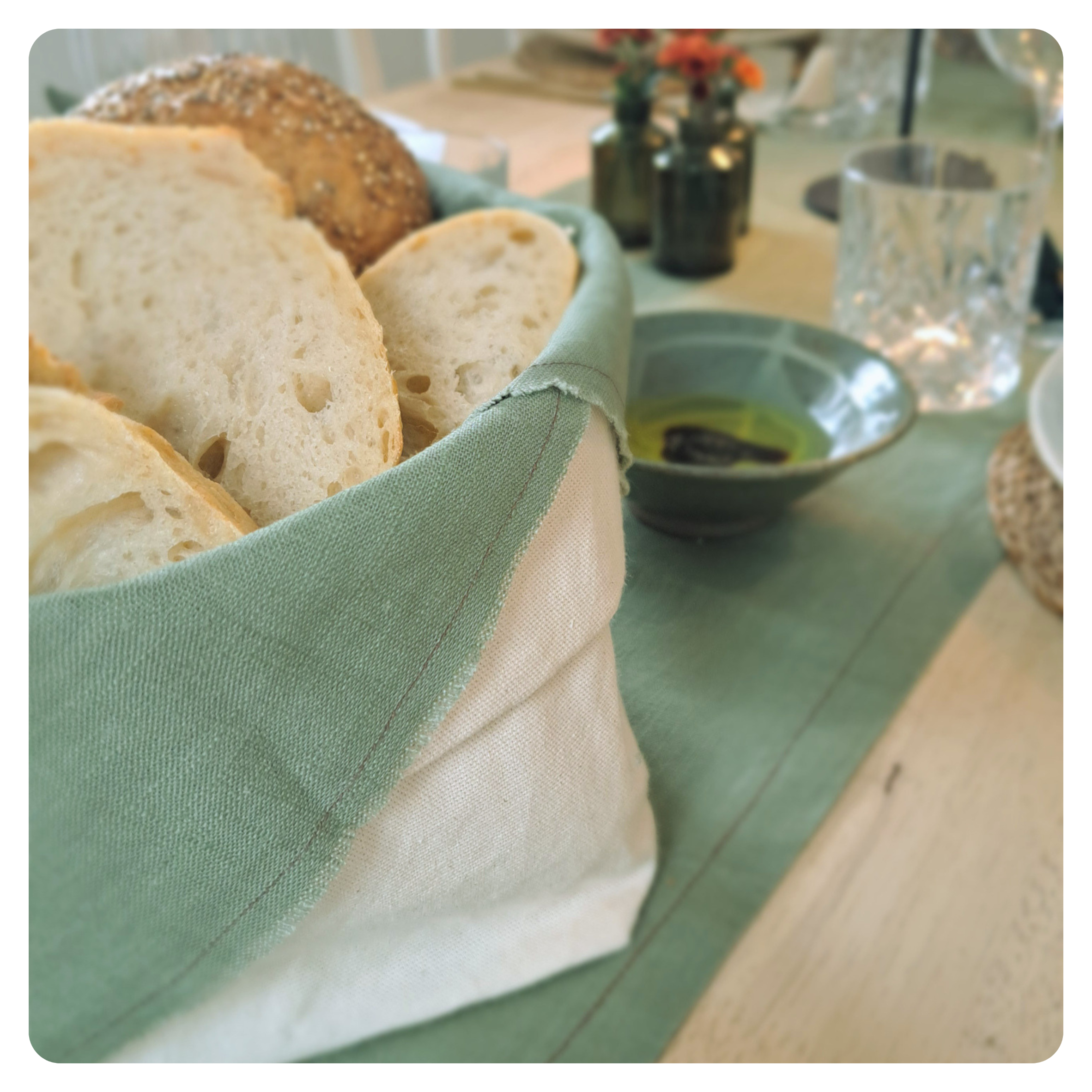 Cotton Bread Basket with a sage green liner